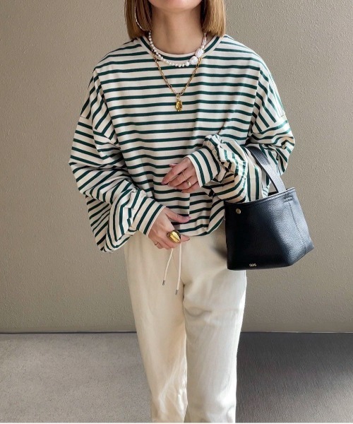 feepur by saya（フェピュールバイサヤ）の「ルーズシルエットボーダーロンTee（Tシャツ/カットソー・レディース・オフホワイト/グレー/グリーン/ピンク・MEDIUM）」の16枚目の写真