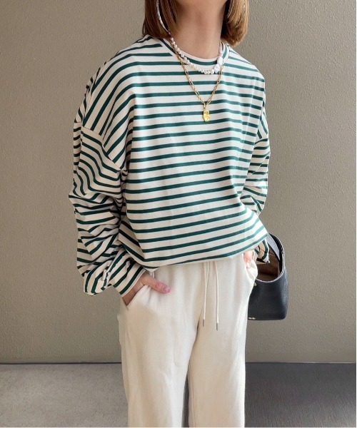 feepur by saya（フェピュールバイサヤ）の「ルーズシルエットボーダーロンTee（Tシャツ/カットソー・レディース・オフホワイト/グレー/グリーン/ピンク・MEDIUM）」の14枚目の写真