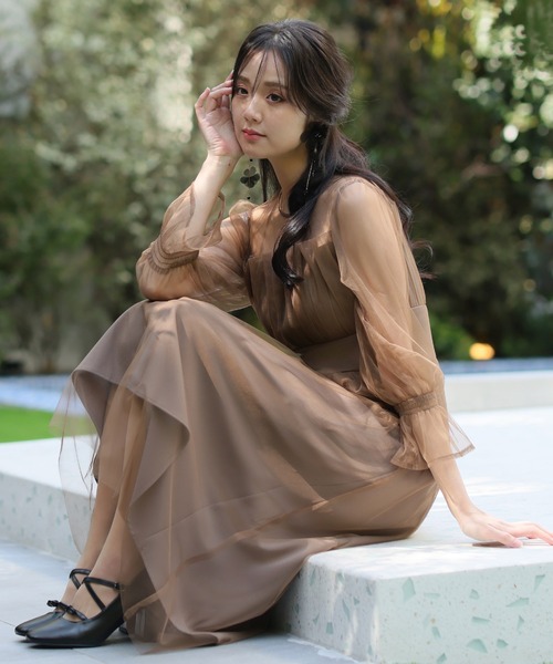 PourVous(プールヴー)の「シアーパーティー ドレス セレモニー ロング&袖あり 結婚式 フォーマル オケージョンドレス お呼ばれ ビスチェ 二次会 成人式 (ドレス・レディース・ホワイト/ブラウン/ダークブルー・M)」の3枚目の写真