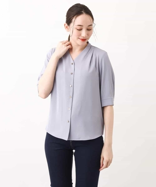 Vネックジョーゼットブラウス(五分袖)/洗える/WEB限定サイズ(シャツ/ブラウス)|OFUON(オフオン) Vネックジョーゼットブラウス(五分袖)/洗える/WEB限定サイズ(シャツ/ブラウス)|OFUON(オフオン)