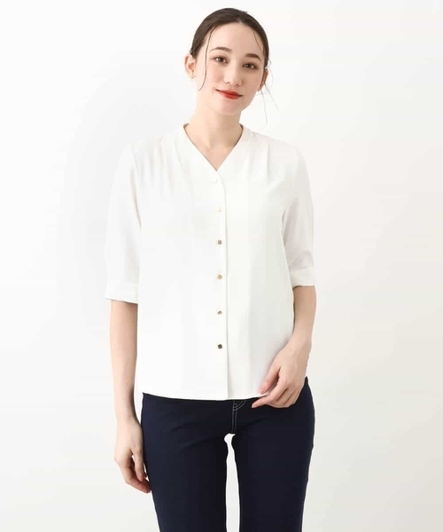 Vネックジョーゼットブラウス(五分袖)/洗える/WEB限定サイズ(シャツ/ブラウス)|OFUON(オフオン) Vネックジョーゼットブラウス(五分袖)/洗える/WEB限定サイズ(シャツ/ブラウス)|OFUON(オフオン)