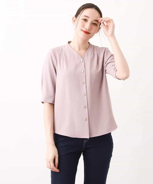 Vネックジョーゼットブラウス(五分袖)/洗える/WEB限定サイズ(シャツ/ブラウス)|OFUON(オフオン) Vネックジョーゼットブラウス(五分袖)/洗える/WEB限定サイズ(シャツ/ブラウス)|OFUON(オフオン)