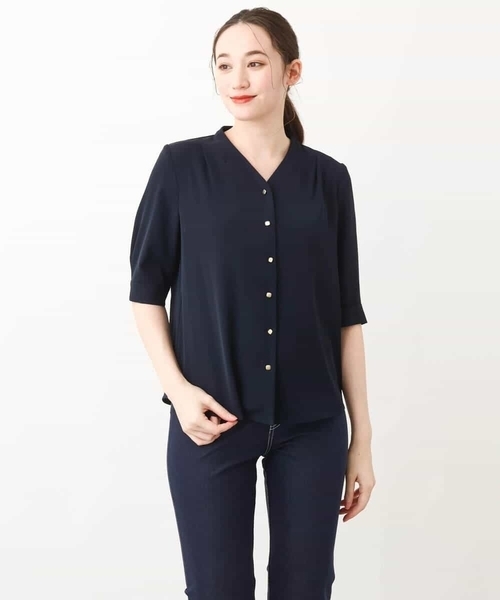 Vネックジョーゼットブラウス(五分袖)/洗える/WEB限定サイズ(シャツ/ブラウス)|OFUON(オフオン) Vネックジョーゼットブラウス(五分袖)/洗える/WEB限定サイズ(シャツ/ブラウス)|OFUON(オフオン)