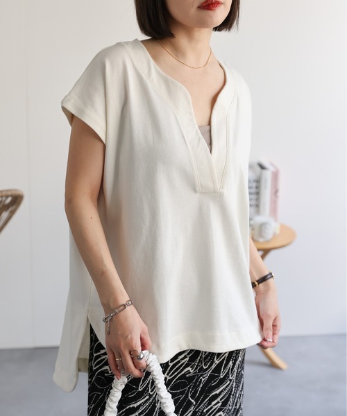 ap retro(アプレトロ)の「キーネックプルオーバー(Tシャツ/カットソー・レディース・ブラック/アイボリー/グレー・MEDIUM)」の8枚目の写真
