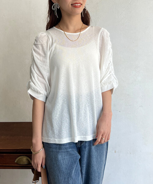 Chez toi（シェトワ）の「セミシアースラブ袖ギャザープルオーバー（Tシャツ/カットソー・レディース・ブラック/ブルー/オフホワイト・FREE）」の4枚目の写真