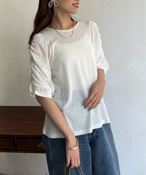 Chez toi（シェトワ）の「セミシアースラブ袖ギャザープルオーバー（Tシャツ/カットソー・レディース・ブラック/ブルー/オフホワイト・FREE）」の5枚目の写真