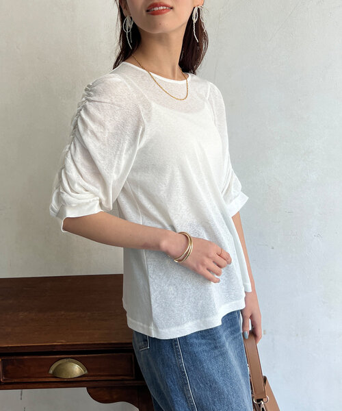 Chez toi（シェトワ）の「セミシアースラブ袖ギャザープルオーバー（Tシャツ/カットソー・レディース・ブラック/ブルー/オフホワイト・FREE）」の6枚目の写真