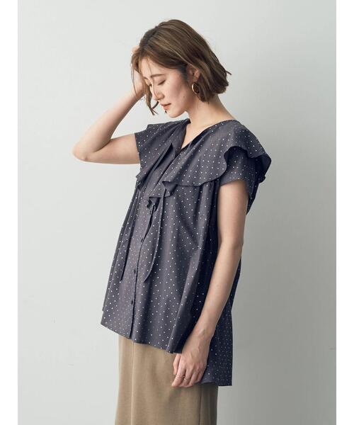 YECCA VECCA（イェッカヴェッカ）の「箔ドットラッフルカラーブラウス（シャツ/ブラウス・レディース・オフホワイト/チャコールグレー・FREE）」の6枚目の写真
