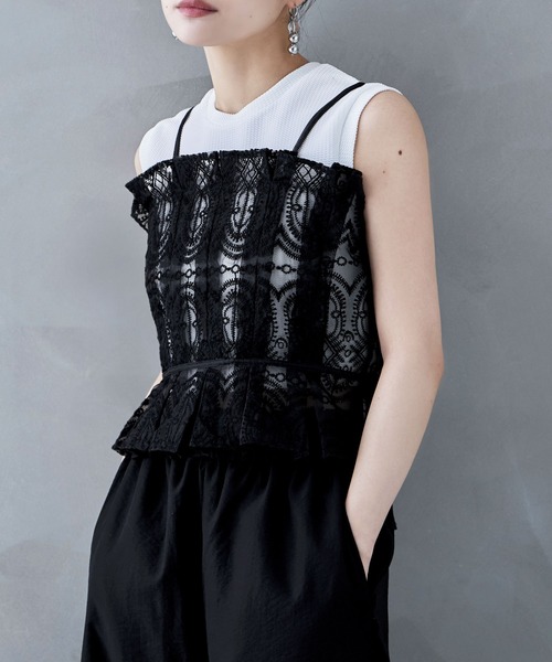 etoll.（エトル）の「刺繍オーガンジータックビスチェ（キャミソール・レディース・ブラック/アイボリー・M）」の2枚目の写真