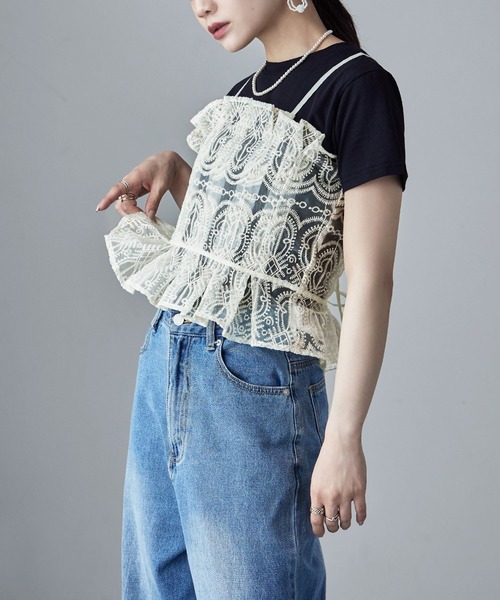 etoll.（エトル）の「刺繍オーガンジータックビスチェ（キャミソール・レディース・ブラック/アイボリー・M）」の4枚目の写真