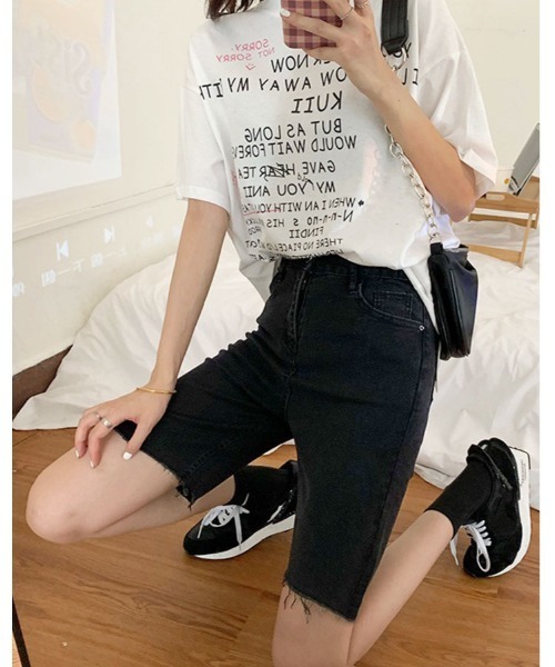 kirakiraShop（キラキラショップ）の「カット オフ ハーフ パンツ（デニムパンツ・レディース・ブラック・2XL/XL/L/M/S）」の6枚目の写真