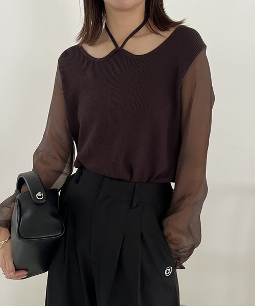 CAPRICIEUX LE'MAGE(カプリシューレマージュ)の「ウェーブネック袖シアーニット(ニット/セーター・レディース・ブラック/オフホワイト/ブラウン・FREE)」の8枚目の写真