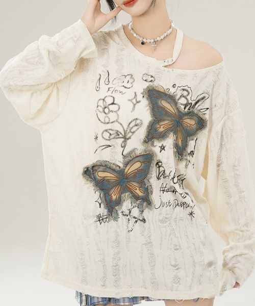 HOOK（フック）の「【HOOK】for girls バタフライパッチアシンメトリー透かしニットソー (SS)（Tシャツ/カットソー・レディース・グレー/ライトベージュ・S/M/L）」の2枚目の写真