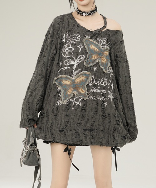 HOOK（フック）の「【HOOK】for girls バタフライパッチアシンメトリー透かしニットソー (SS)（Tシャツ/カットソー・レディース・グレー/ライトベージュ・S/M/L）」の11枚目の写真