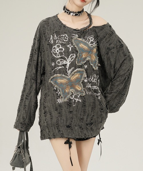 HOOK（フック）の「【HOOK】for girls バタフライパッチアシンメトリー透かしニットソー (SS)（Tシャツ/カットソー・レディース・グレー/ライトベージュ・S/M/L）」の12枚目の写真