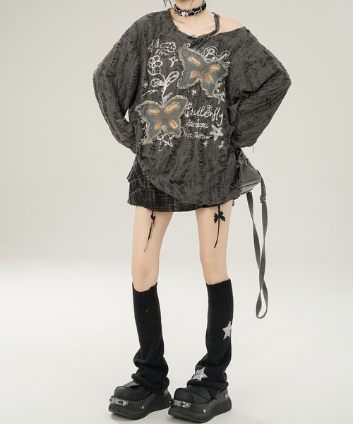 HOOK（フック）の「【HOOK】for girls バタフライパッチアシンメトリー透かしニットソー (SS)（Tシャツ/カットソー・レディース・グレー/ライトベージュ・S/M/L）」の9枚目の写真