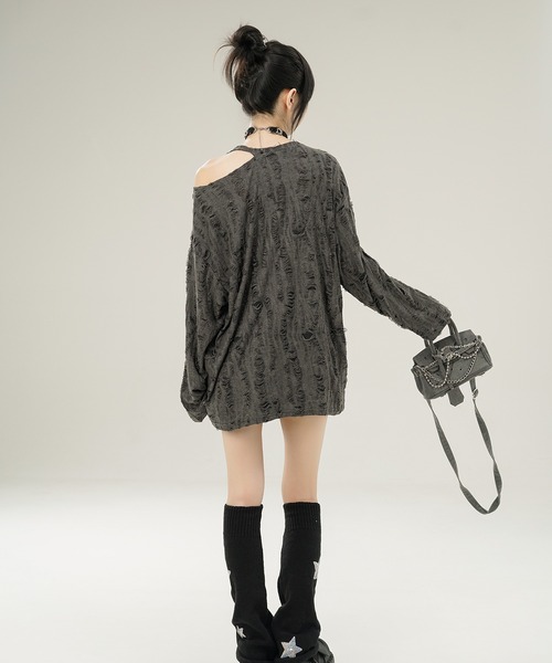 HOOK（フック）の「【HOOK】for girls バタフライパッチアシンメトリー透かしニットソー (SS)（Tシャツ/カットソー・レディース・グレー/ライトベージュ・S/M/L）」の13枚目の写真