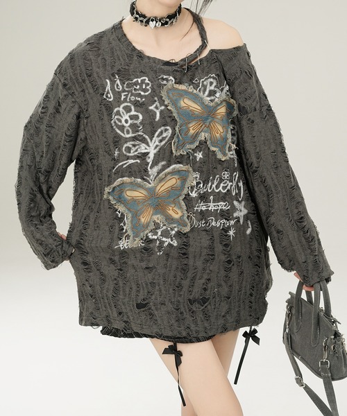 HOOK（フック）の「【HOOK】for girls バタフライパッチアシンメトリー透かしニットソー (SS)（Tシャツ/カットソー・レディース・グレー/ライトベージュ・S/M/L）」の10枚目の写真