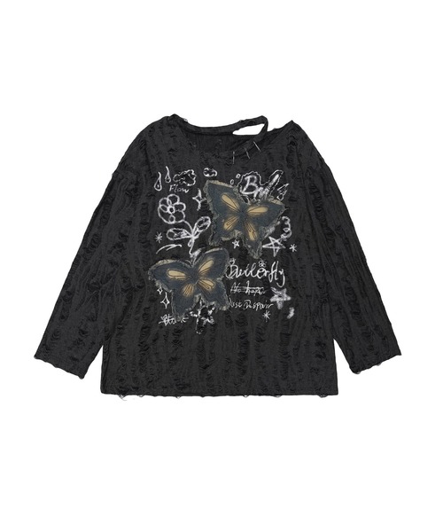 HOOK（フック）の「【HOOK】for girls バタフライパッチアシンメトリー透かしニットソー (SS)（Tシャツ/カットソー・レディース・グレー/ライトベージュ・S/M/L）」の4枚目の写真
