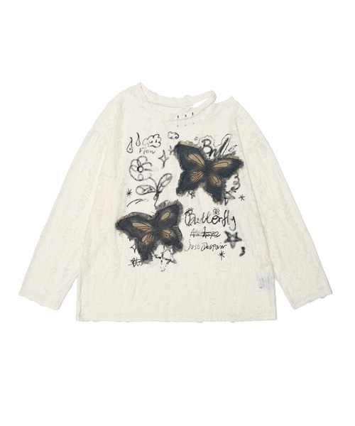 HOOK（フック）の「【HOOK】for girls バタフライパッチアシンメトリー透かしニットソー (SS)（Tシャツ/カットソー・レディース・グレー/ライトベージュ・S/M/L）」の6枚目の写真