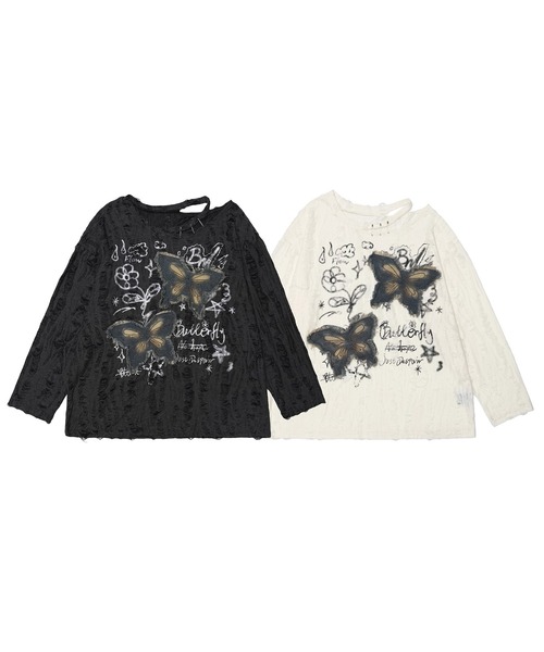 HOOK（フック）の「【HOOK】for girls バタフライパッチアシンメトリー透かしニットソー (SS)（Tシャツ/カットソー・レディース・グレー/ライトベージュ・S/M/L）」の3枚目の写真
