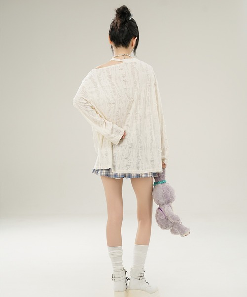 HOOK（フック）の「【HOOK】for girls バタフライパッチアシンメトリー透かしニットソー (SS)（Tシャツ/カットソー・レディース・グレー/ライトベージュ・S/M/L）」の8枚目の写真