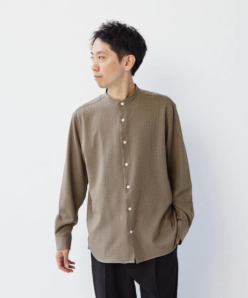 MEN'S MELROSE(メンズメルローズ)の「ウーリーポリエステルパターンスタンダードバンドカラーシャツ(シャツ/ブラウス・メンズ・ネイビー/ベージュ/チャコールグレー/グレー/グリーン・2/4/3)」の1枚目の写真