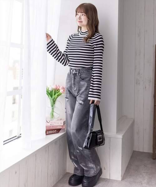 clear（クリア）の「フレアスリーブハイネックボーダーニットトップス [ベーシック オフィスカジュアル 着回し抜群 大人 カジュアル]≪2024AW新作≫（ニット/セーター・レディース・ブラック/ベージュ/ブラウン/グレー/ピンク/ミント・F）」の10枚目の写真