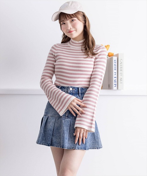 値下げ★archivio ボーダートップス＆スカートセットアップ⭐︎ セール】フレアスリーブハイネックボーダーニットトップス [ベーシック