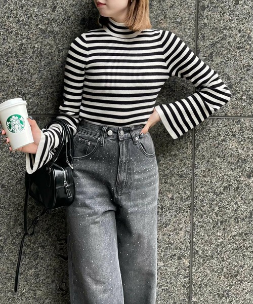 セール】フレアスリーブハイネックボーダーニットトップス [ベーシック