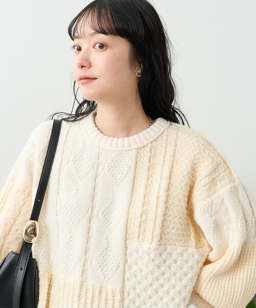 セール】ケーブル パッチワークニットプルオーバー/リメイク風ニット