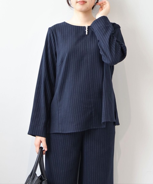 【セール】【L～5L 大きいサイズ】【セットアップ】サキソニーパール使いブラウス（シャツ/ブラウス）｜fleur by mint breeze（フルールバイミントブリーズ）