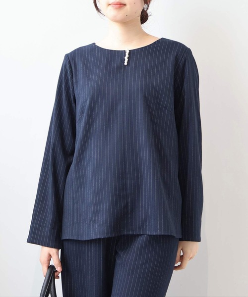 【セール】【L～5L 大きいサイズ】【セットアップ】サキソニーパール使いブラウス（シャツ/ブラウス）｜fleur by mint breeze（フルールバイミントブリーズ）