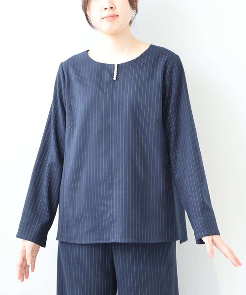 【セール】【L～5L 大きいサイズ】【セットアップ】サキソニーパール使いブラウス（シャツ/ブラウス）｜fleur by mint breeze（フルールバイミントブリーズ）