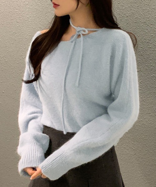 値下げ 極美品 春ニット YUKI SHIMANE オフショルダーリボン ニット SLY ニット セーター 「MAYWAY」OFF SHOULDER 2P TOPS オフ