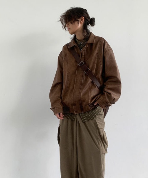 FreeZone（フリーゾーン）の「ライダースジャケット  PUレザー ジャケット ブルゾン（ブルゾン・メンズ・ブラウン/グレー・F）」の4枚目の写真