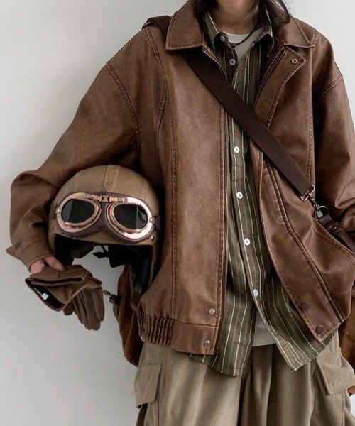 FreeZone（フリーゾーン）の「ライダースジャケット  PUレザー ジャケット ブルゾン（ブルゾン・メンズ・ブラウン/グレー・F）」の9枚目の写真