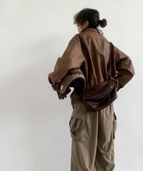 FreeZone（フリーゾーン）の「ライダースジャケット  PUレザー ジャケット ブルゾン（ブルゾン・メンズ・ブラウン/グレー・F）」の10枚目の写真