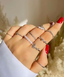 【float】バタフライ パールビーズ シルバー リング 指輪【9個セット】