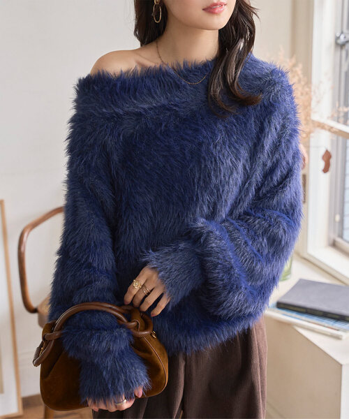 ミックスシャギーフェザーオフショルニットトップス（ニット/セーター