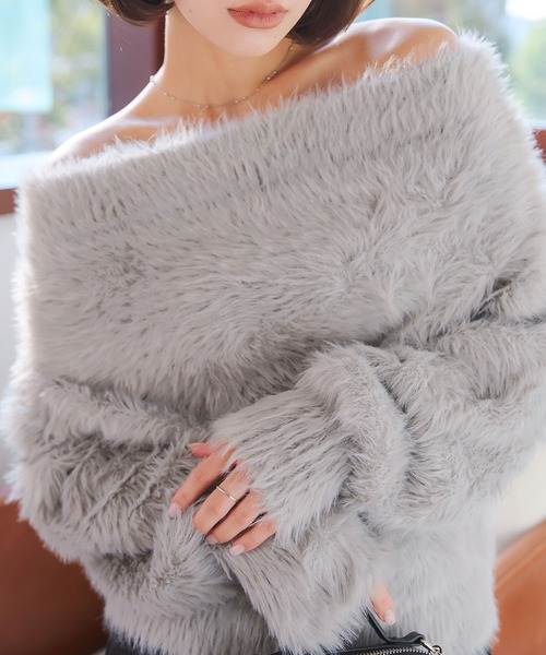 ミックスシャギーフェザーオフショルニットトップス（ニット/セーター