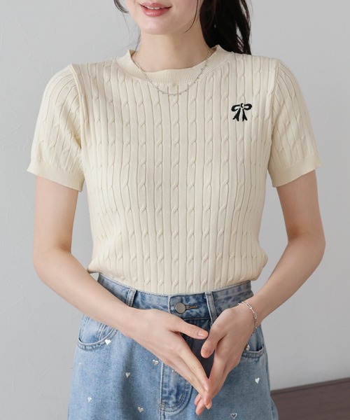 ふりふ リボン刺繍 ニットケープ アイボリー 新色追加】リボン刺繍ニット | OLIVE des OLIVE(オリーブ デ