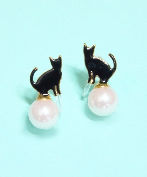 gargle（ガーグル）の「gargle ガーグル：アニマルシリーズ　パール猫　ネコ　イヤリング（イヤリング・レディース・ブラック/ホワイト・FREE）」の2枚目の写真