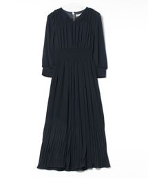 Vネック消しプリーツウエストシャーリングロングワンピース