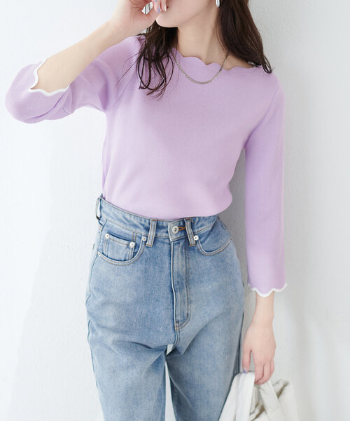 natural couture（ナチュラルクチュール）の「配色スカラップ強撚ニット（７分袖）（ニット/セーター・レディース・ピンク/オフホワイト/ネイビー/ライトベージュ/ミント/ラベンダー/その他1・FREE）」の6枚目の写真