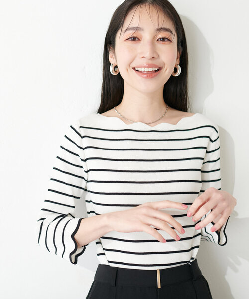 natural couture（ナチュラルクチュール）の「配色スカラップ強撚ニット（７分袖）（ニット/セーター・レディース・ピンク/オフホワイト/ネイビー/ライトベージュ/ミント/ラベンダー/その他1・FREE）」の7枚目の写真