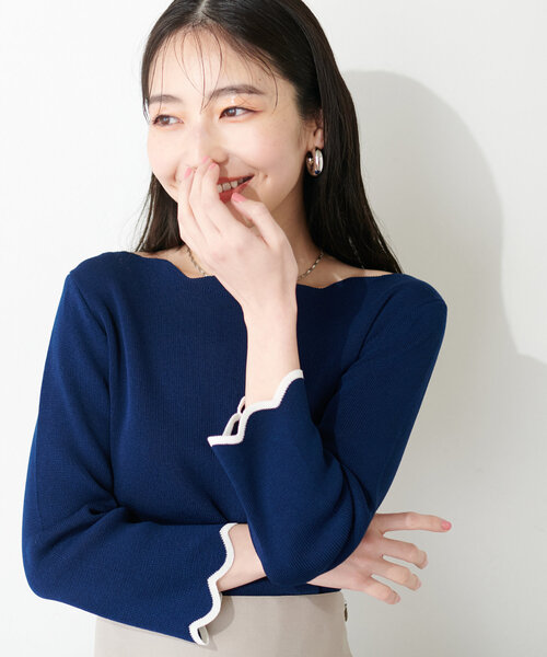 natural couture（ナチュラルクチュール）の「配色スカラップ強撚ニット（７分袖）（ニット/セーター・レディース・ピンク/オフホワイト/ネイビー/ライトベージュ/ミント/ラベンダー/その他1・FREE）」の5枚目の写真