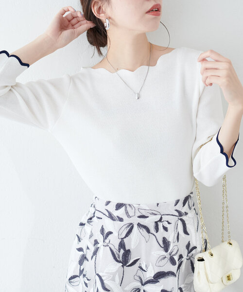 natural couture（ナチュラルクチュール）の「配色スカラップ強撚ニット（７分袖）（ニット/セーター・レディース・ピンク/オフホワイト/ネイビー/ライトベージュ/ミント/ラベンダー/その他1・FREE）」の2枚目の写真