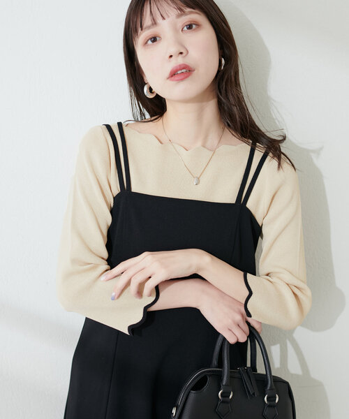 natural couture（ナチュラルクチュール）の「配色スカラップ強撚ニット（７分袖）（ニット/セーター・レディース・ピンク/オフホワイト/ネイビー/ライトベージュ/ミント/ラベンダー/その他1・FREE）」の3枚目の写真