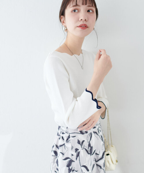 natural couture（ナチュラルクチュール）の「配色スカラップ強撚ニット（７分袖）（ニット/セーター・レディース・ピンク/オフホワイト/ネイビー/ライトベージュ/ミント/ラベンダー/その他1・FREE）」の11枚目の写真